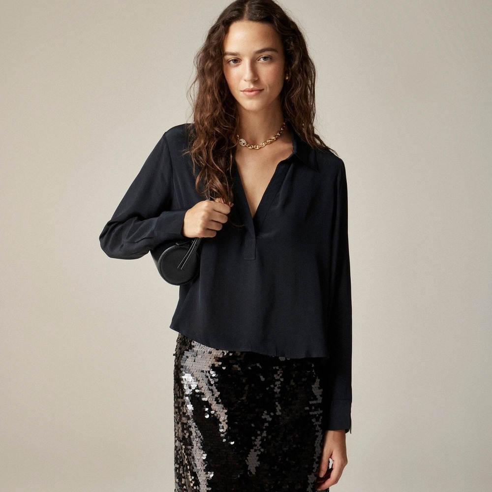 J. Crew Bungalow Crepe De Chine Shirt‎ Womens S Black Career Elevated Basic NWOT